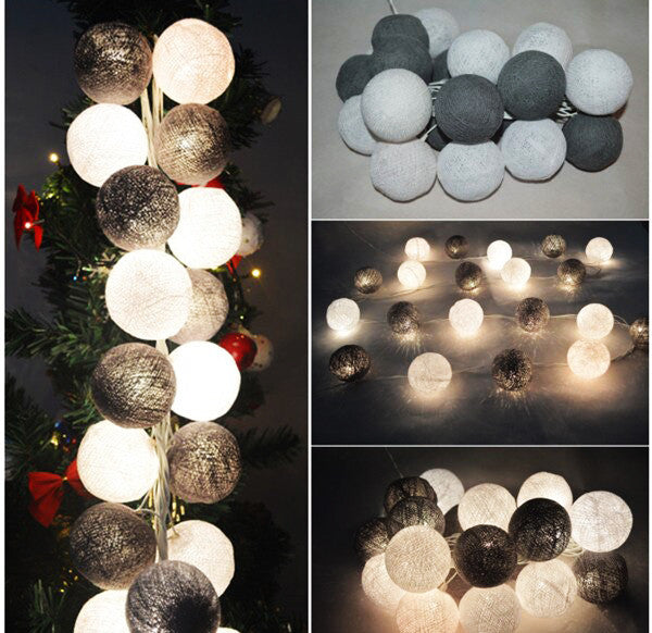 1 Set of 20 LED Black White 5cm Cotton Ball Battery Powered String Lights Xmas Gift Home Wedding Party Bedroom Decoration Outdoor Indoor Table Centrepiece | Auzzi Store