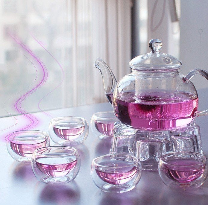 1 Set of Gongfu Chinese Ceremony Tea Set - 6 Glass cups with Infuser and Tealight Candle Pot Warmer | Auzzi Store