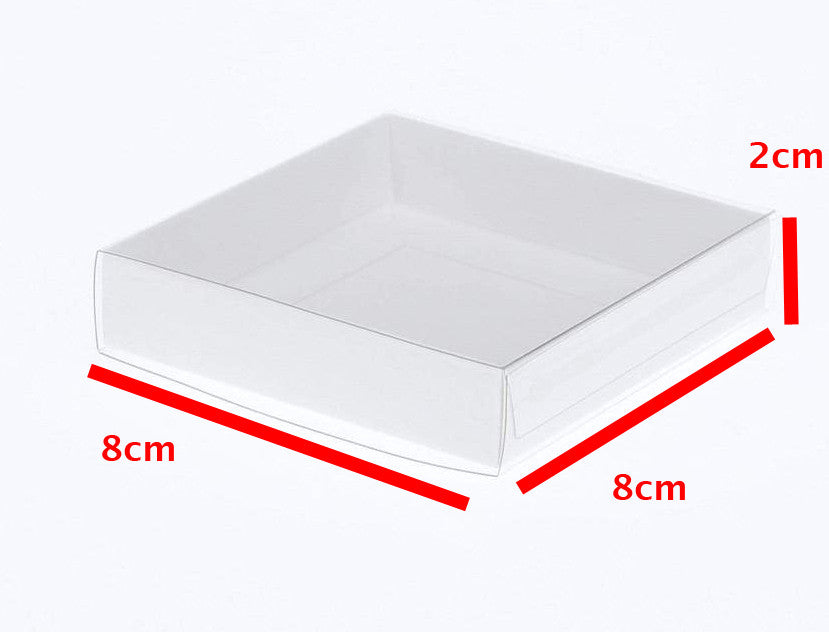10 Pack of 8cm Square Wedding Invitation Coaster Favor Function product Presentation Cookie Biscuit Patisserie Gift Box - 2cm deep - White Card with Clear Slide On PVC Lid | Auzzi Store