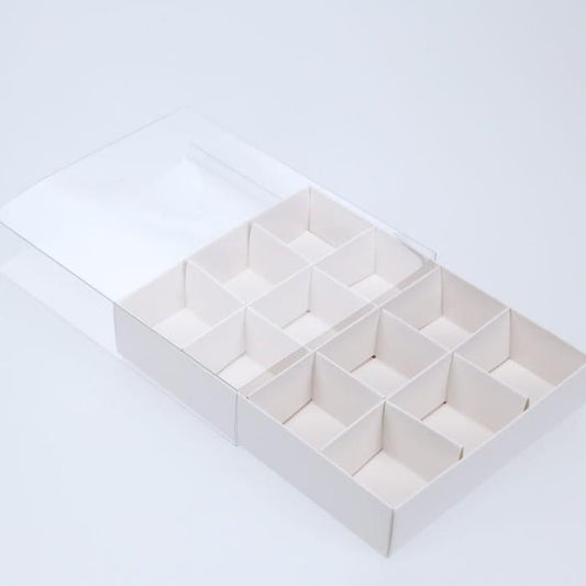 10 Pack of White Card Chocolate Sweet Soap Product Reatail Gift Box - 12 bay 4x4x3cm Compartments - Clear Slide On Lid - 16x12x3cm | Auzzi Store