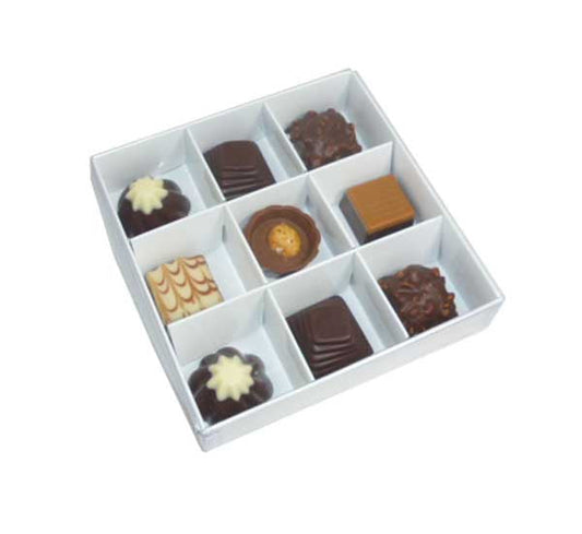 10 Pack of White Card Chocolate Sweet Soap Product Reatail Gift Box - 9 bay 4x4x3cm Compartments - Clear Slide On Lid - 12x12x3cm | Auzzi Store