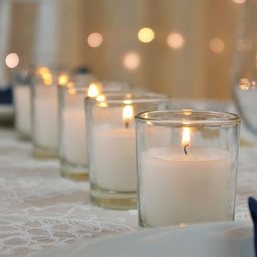 10 White Wax Clear Glass Holder Votive Candle - Wedding Event Centrepiece Table Decoration | Auzzi Store