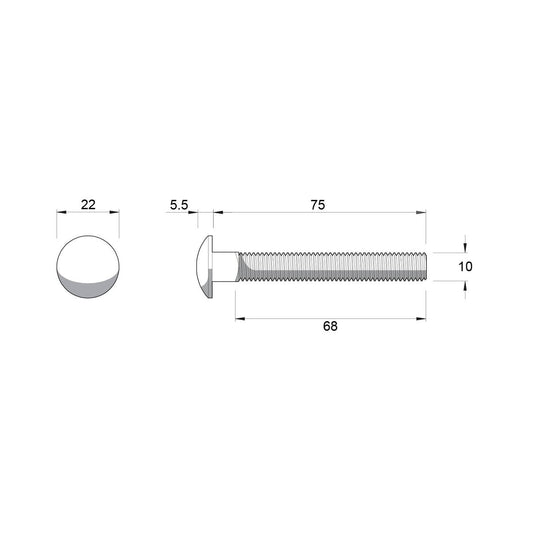 Zenith Cup Head Bolt - M10 x 75mm - Stainless Steel 304 - Coarse Thread – view 2 - Auzzistore