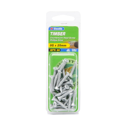 Zenith Timber Screws - 8g x 25mm Galvanised - Flush Finish - 30 Pack - Auzzistore