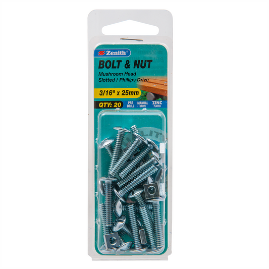 Zenith Mushroom Head Bolt and Nut 3 16 x 25mm Zinc Plated 20 Pack - Auzzistore