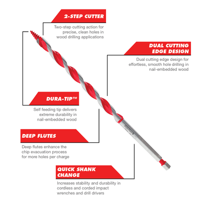 Diablo Auger Bit - 10 x 190mm - Red - Dura-Tip™ - Self-Feeding Design