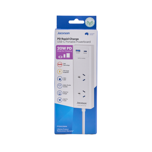 Jackson 2 Outlet Portable Powerboard - 0.9m Lead - PD 20W USB-C - White