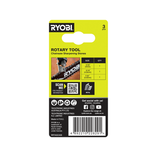 Ryobi 3 Piece Rotary Chainsaw Sharpening Stones Set - 5/32”, 3/16”, 7/32” - Durable Aluminium Oxide – view 2 - Auzzistore