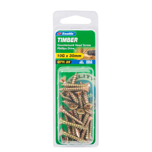 Zenith Timber Screws - 10g x 30mm - Gold Passivated - Countersunk Head - 25 Pack - Auzzistore