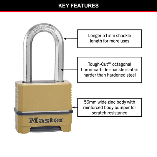 Master Lock Excell Combo Padlock - 56mm Wide - 51mm Shackle - 4-Digit Combination - Tough-Cut Shackle - Weather Resistant – view 2 - Auzzistore