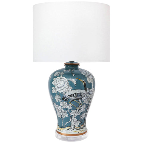 Cafe Lighting and Living Seraphine Table Lamp Ceramic Chinoiserie White Linen Shade Blue