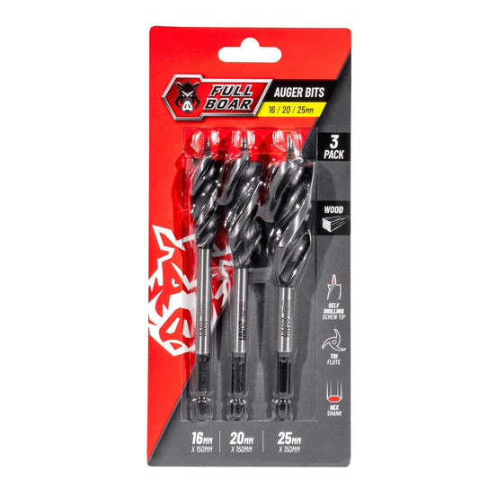 Full Boar Auger Bits - 16 20 25mm - 3 Pack - Self-Drilling - Steel - Auzzistore