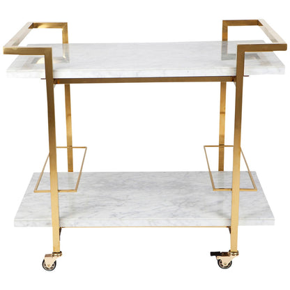 CAFE LIGHTING & LIVING Franklin White Marble Bar Cart Gold - Stainless Steel Frame, Inlaid Marble Shelves, Lockable Castors
