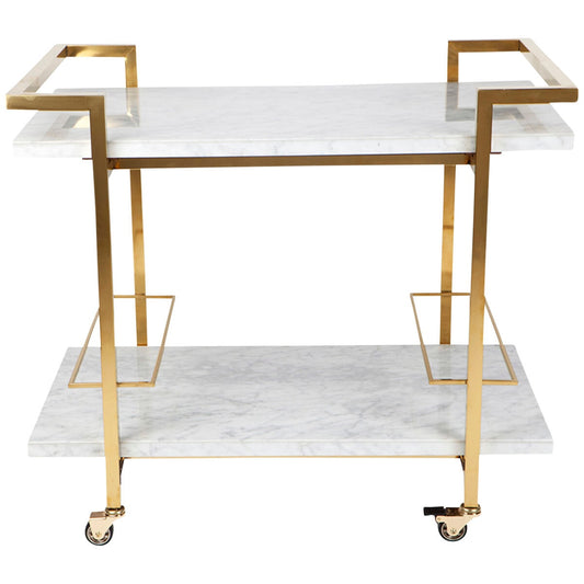 CAFE LIGHTING & LIVING Franklin White Marble Bar Cart Gold - Stainless Steel Frame, Inlaid Marble Shelves, Lockable Castors