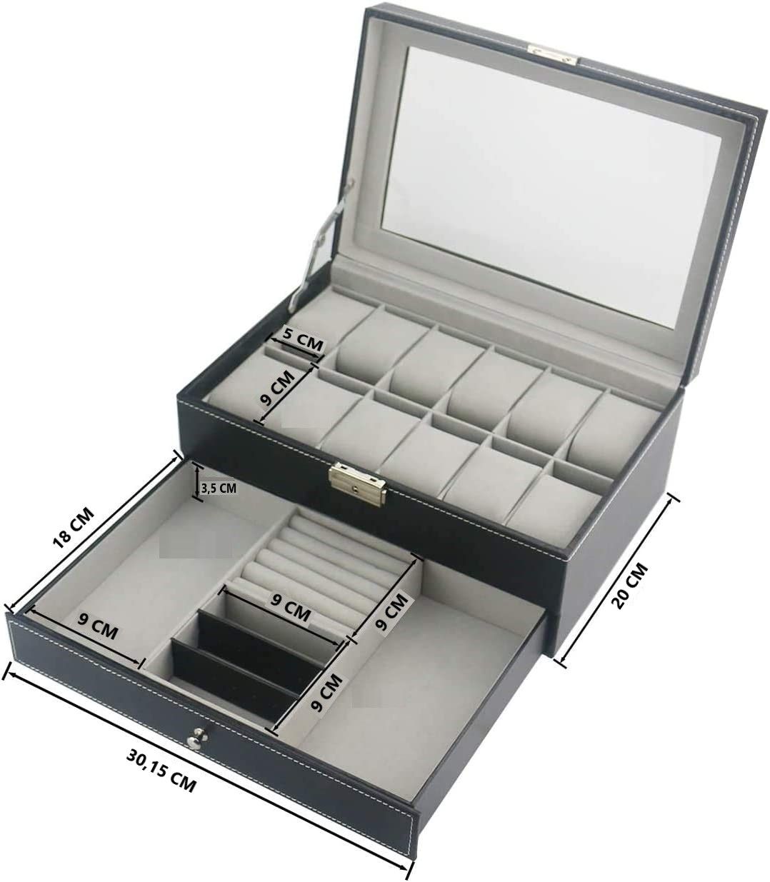 12 Slot PU Leather Lockable Watch and Jewelry Storage Boxes (Black) | Auzzi Store