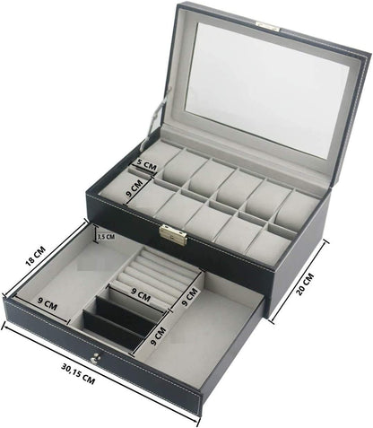 12 Slot PU Leather Lockable Watch and Jewelry Storage Boxes (Black) | Auzzi Store
