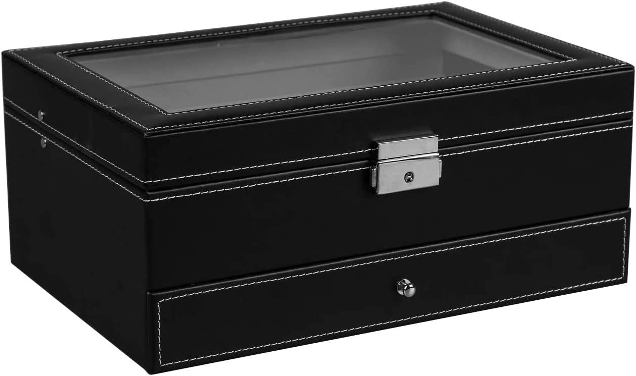 12 Slot PU Leather Lockable Watch and Jewelry Storage Boxes (Black) | Auzzi Store