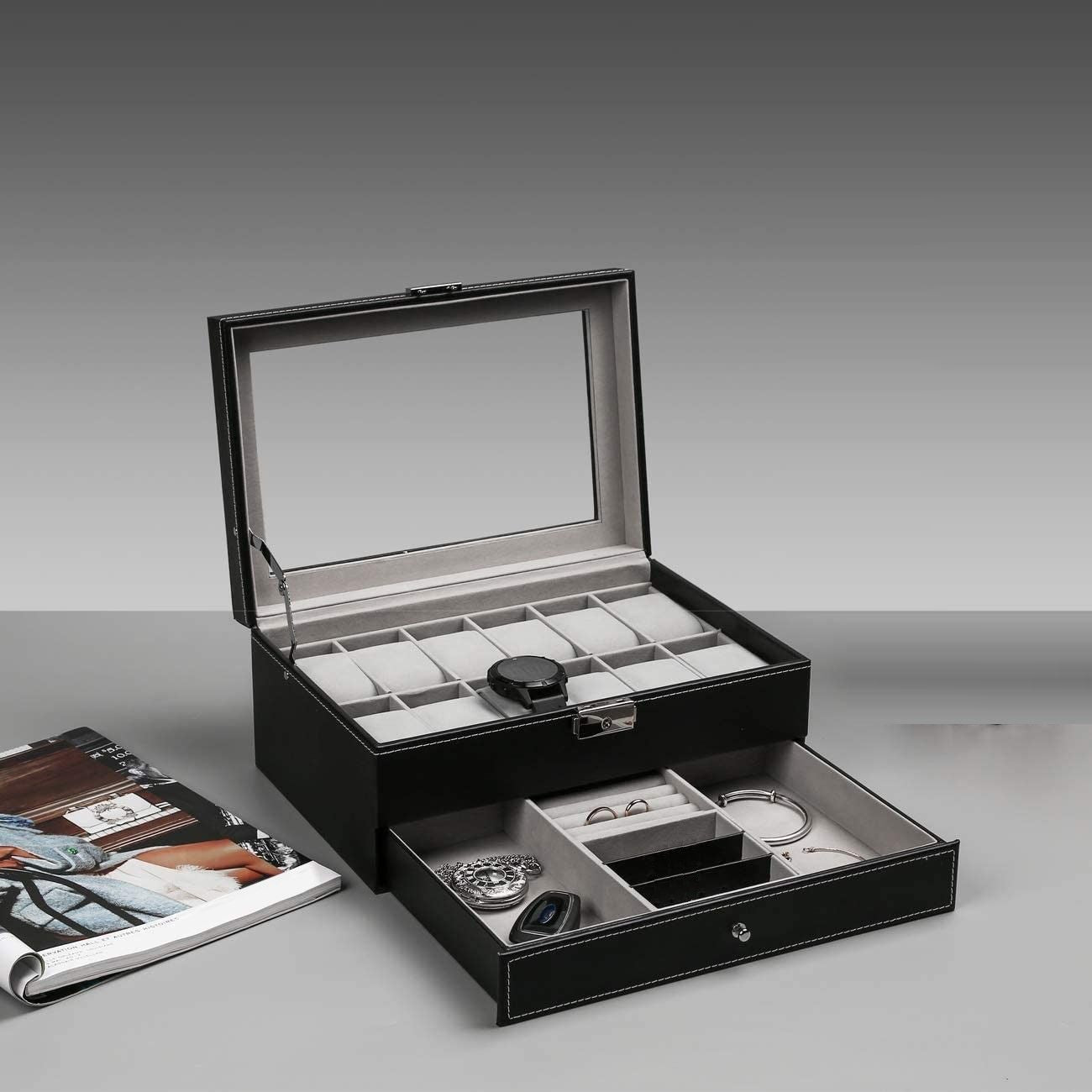 12 Slot PU Leather Lockable Watch and Jewelry Storage Boxes (Black) | Auzzi Store