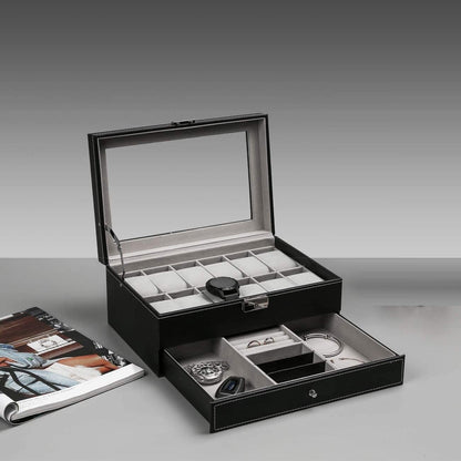 12 Slot PU Leather Lockable Watch and Jewelry Storage Boxes (Black) | Auzzi Store