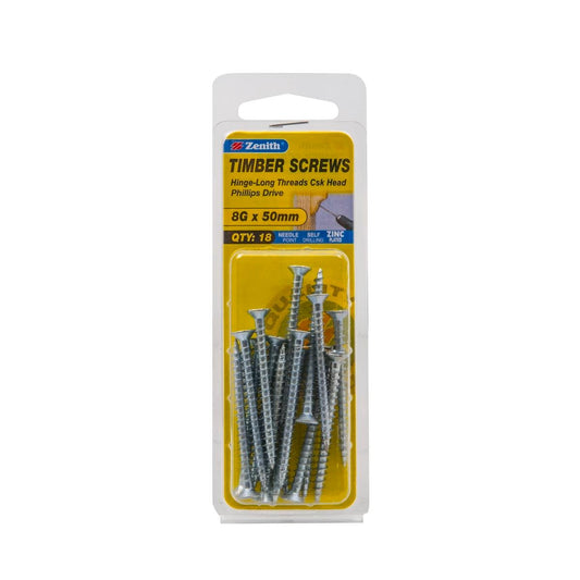 Zenith Hinge Long Thread Screw - 8g x 50mm - Zinc Plated - 18 Pack - Auzzistore
