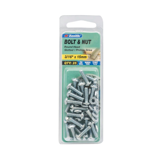Zenith Round Head Bolt & Nut - 3/16 x 15mm - 25 Pack - Zinc Plated - Auzzistore