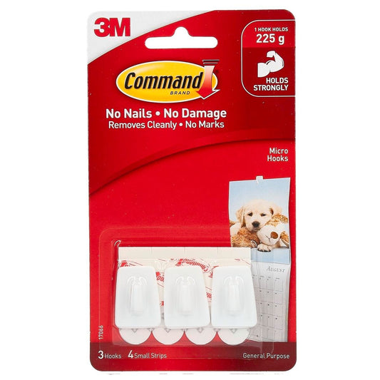 Command White Adhesive Micro Hooks - 20mm x 30mm - Plastic - Damage-Free - 3 Pack