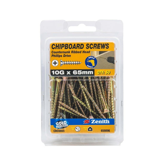 Zenith 10g x 65mm Gold Passivated Chipboard Screws - 50 Pack - Ribbed Head - Coarse Thread - Auzzistore