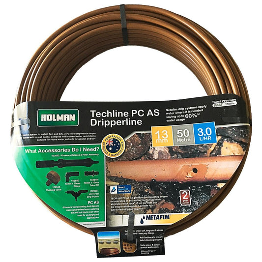 Holman 13mm Techline PC Irrigation Drip Tube 50m - Pressure Compensating Drippers - Auzzistore