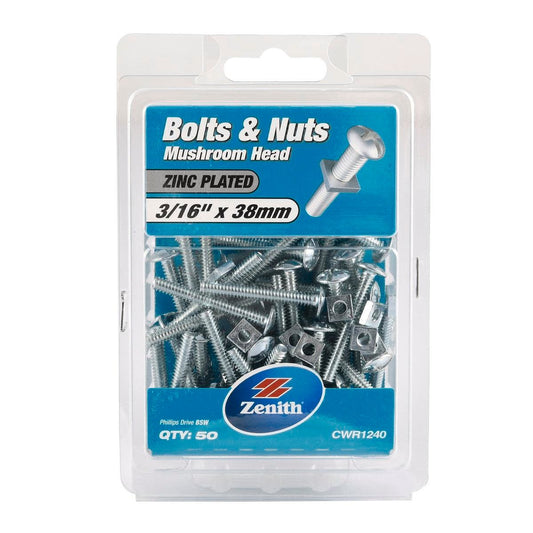 Zenith 3 Bolt and Nut 16 x 38mm Zinc Plated Mushroom Head 50 Pack - Durable Fastening Solutions - Auzzistore