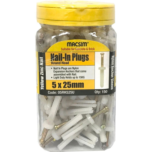 Macsim Nail In Plugs - 5 x 25mm - Nylon - Quick Installation - 150 Pack - Auzzistore
