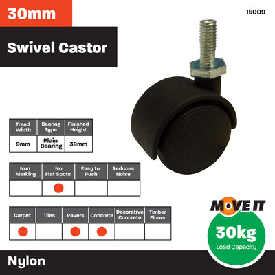 Move It Hooded Thread Pin Castor 30mm Nylon 2 Pack Durable Comfort