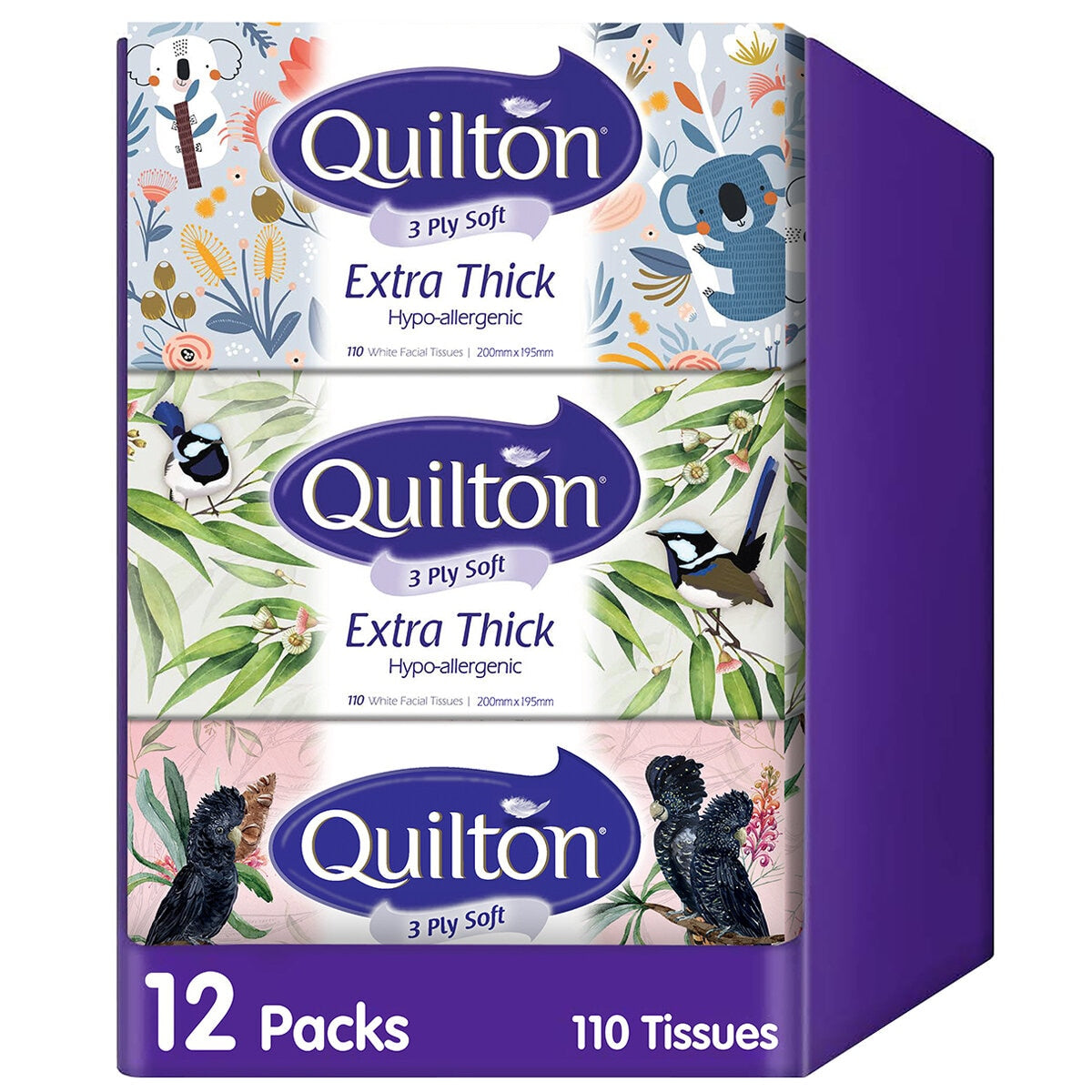 Quilton 3 Ply Facial Tissues 12 x 110 Sheets - Extra Thick, Premium Quality - Auzzistore