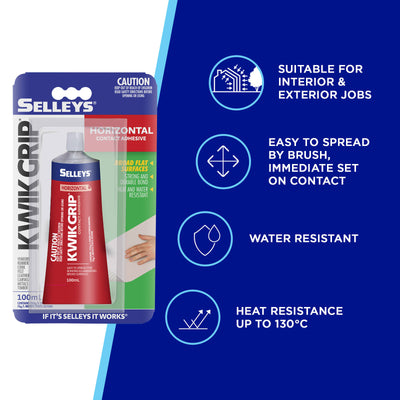 Selleys Kwik Grip Horizontal Contact Adhesive 100ml Solvent-Based Instant Bond