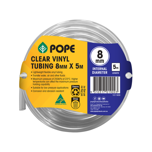 Pope Clear Vinyl Tubing - 8mm x 5m - PVC - Corrosion Resistant