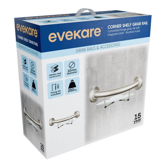 Evekare Brushed Nickel Corner Shelf with Grab Rail - 270mm x 120mm - Durable Safety Solution – view 2
