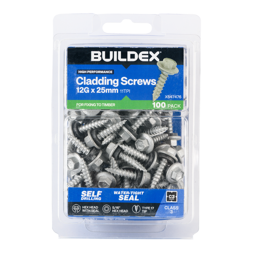 Buildex 12g x 25mm Class 3 Cladding Screws - 100 Pack - Zinc-Alloy - Type 17 - Auzzistore