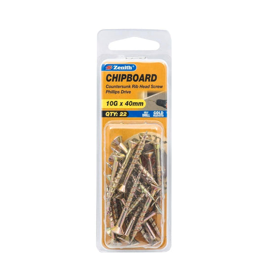 Zenith 10g x 40mm Countersunk Rib Head Chipboard Screws - 22 Pack - Yellow - Self-Drilling - Auzzistore