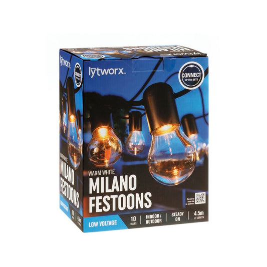 Lytworx Milano Festoon Party Lights - 10 Bulbs - 4.5m - Warm White - Shatter-Resistant - Auzzistore