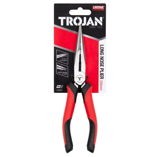 Trojan 200mm Long Nose Plier - Red and Black - Ergonomic Anti-Slip Handles - Auzzistore