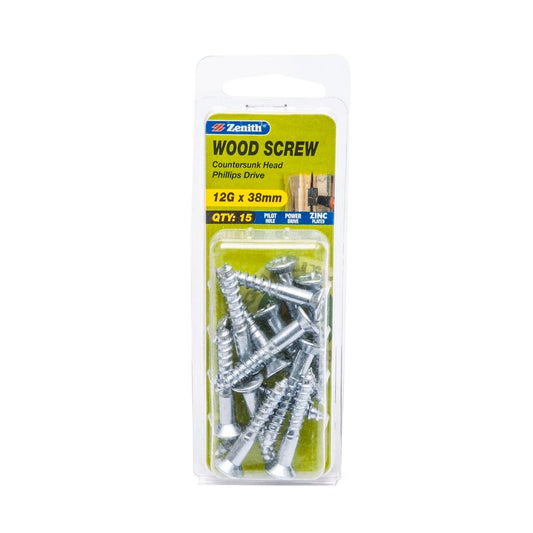Zenith 12G x 38mm Zinc Plated Countersunk Head Wood Screws – 15 Pack - Auzzistore