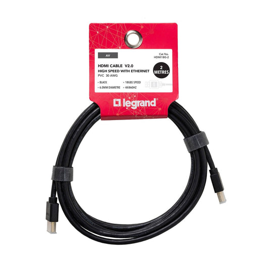 Legrand 2m High Speed HDMI Cable with Ethernet - Black - 4K UltraHD Support