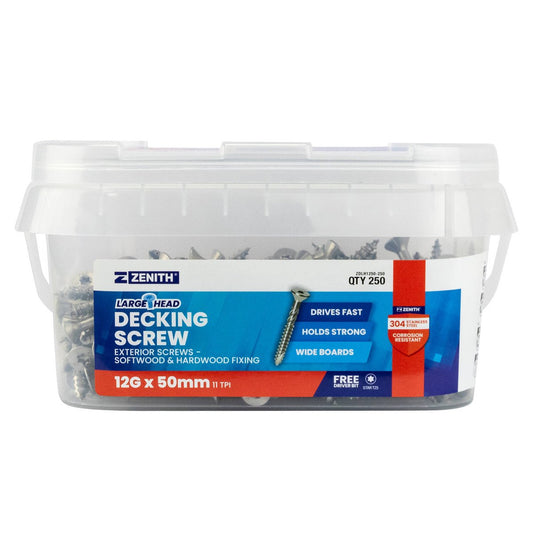 Zenith Large Head Decking Screw T25 12g x 50mm SS304 - 250 Pack - Strength & Durability - Auzzistore