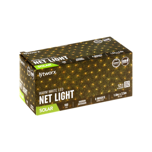Lytworx Solar Connectable Net Light 1.6 x 2.5m - Warm White - 160 LEDs - 8 Modes - Auzzistore