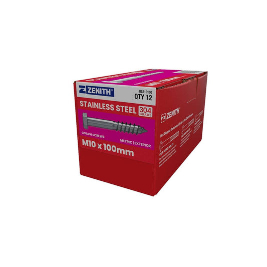 Zenith Stainless Steel 304 Hex Head Coach Screws M10 x 100mm 12 Pack - Auzzistore