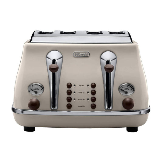 Delonghi Icona Vintage 4 Slice Toaster 325mm Beige - Stainless Steel - Extra Wide Slots - Auzzistore