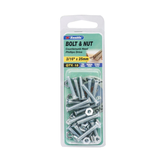 Zenith Countersunk Bolt & Nut - 3/16 x 25mm - Zinc Plated - Flush Finish - 18 Pack - Auzzistore