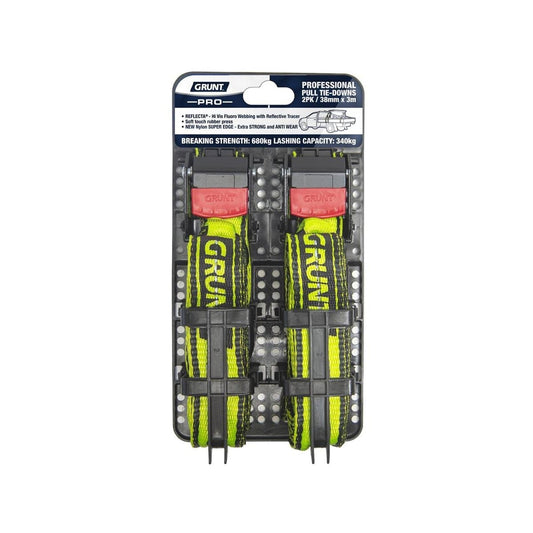 Grunt Pro Cam Buckle Tie Downs - 38mm x 3m - Reflective - 340kg