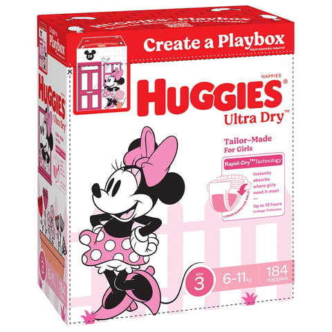 Huggies Girls' Ultra Dry Nappies Size 3 Crawler (6-11kg) 184 Nappies - Auzzistore