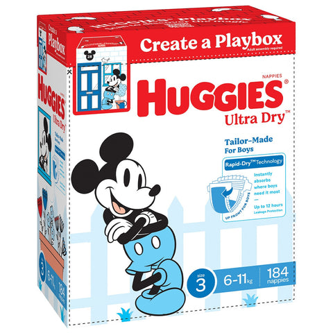 Huggies Boys' Ultra Dry Nappies Size 3 Crawler (6-11kg) 184 Nappies - Auzzistore