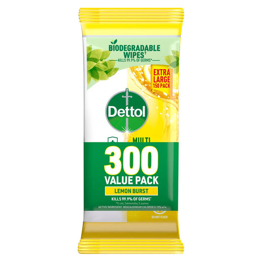 Dettol Lemon Lime Burst Multi Purpose Wipes 300 Pack - 120mm x 205mm - Kills 99.9% Germs - Auzzistore